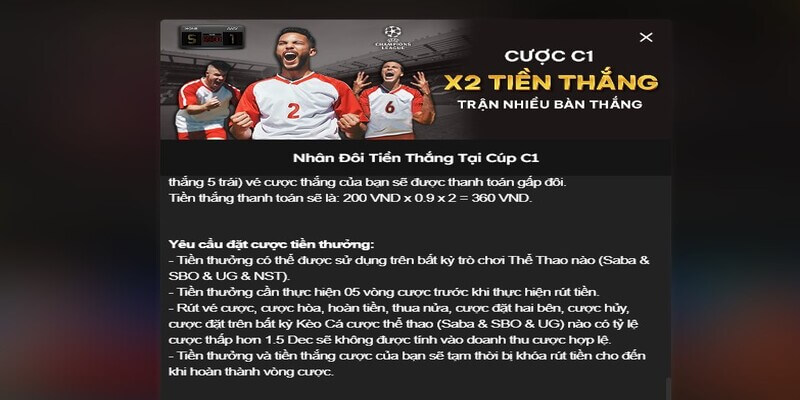 Nhân đôi tiền thưởng khi cược C1 với khuyến mãi thể thao Bj88