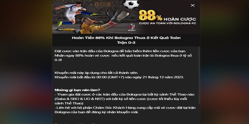 Hoàn cược 88% với đội bóng Bologna FC