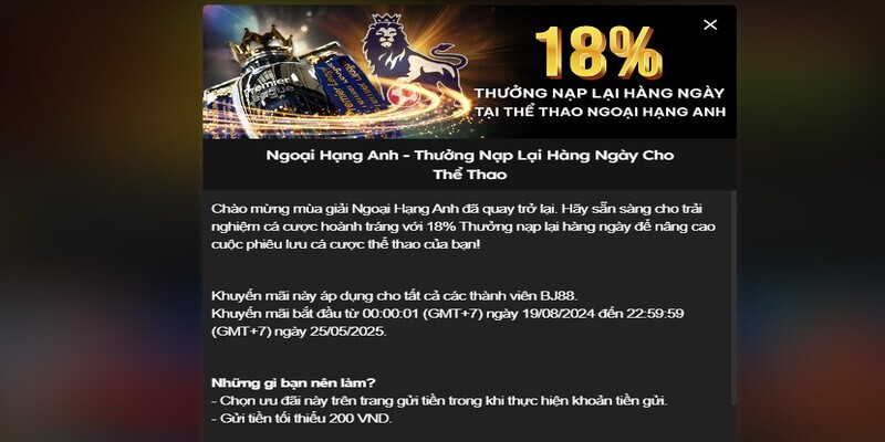 Thưởng nạp lại lên tới 18% trong mùa giải Ngoại Hạng Anh 2024-25